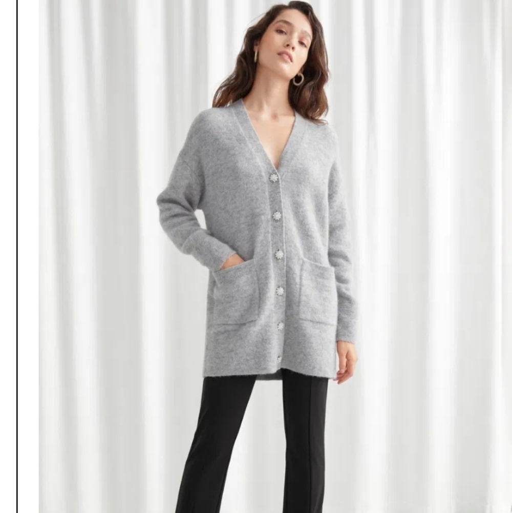 & Other Stories Alpaca Gray Relaxed Alpaca Blend Diamanté Button Cardigan Size M - Picture 3 of 4
